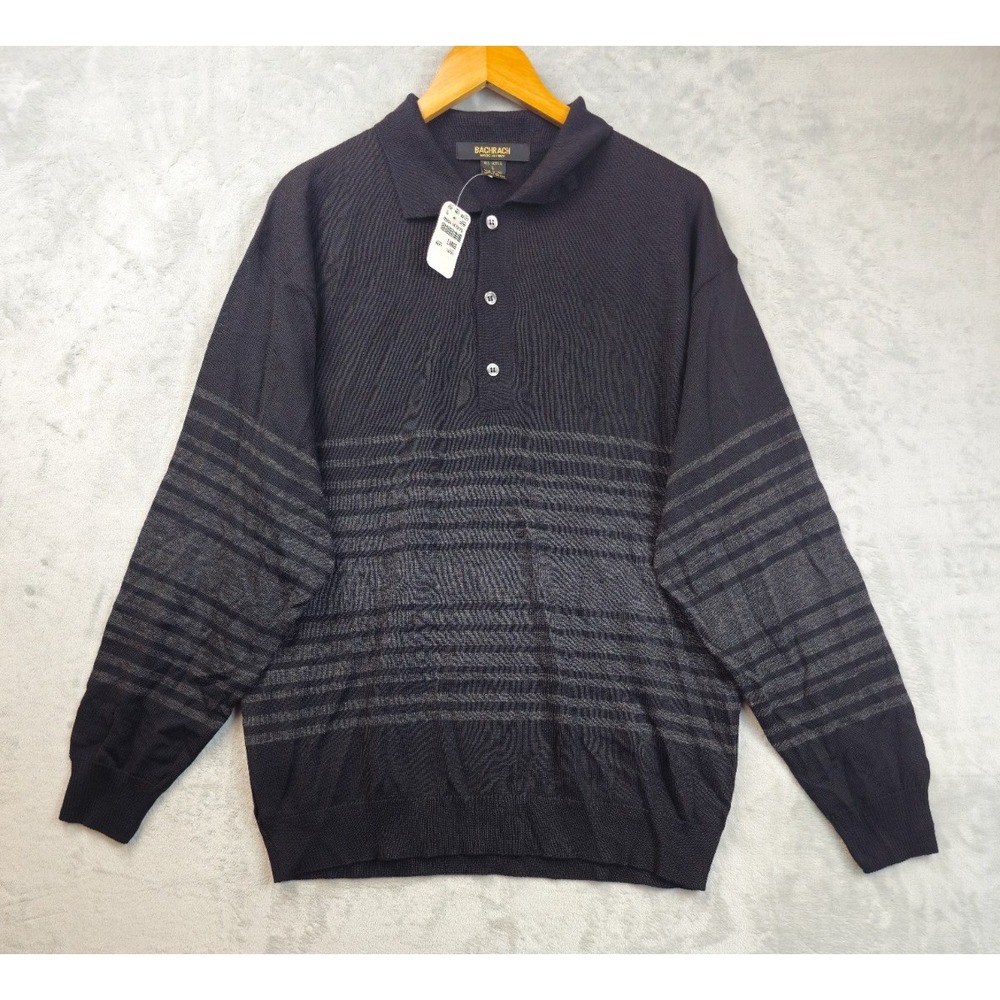 Bachrach Polo Sweater Mens Large Black Wool Acrylic Blend Long Sleeve Made Italy